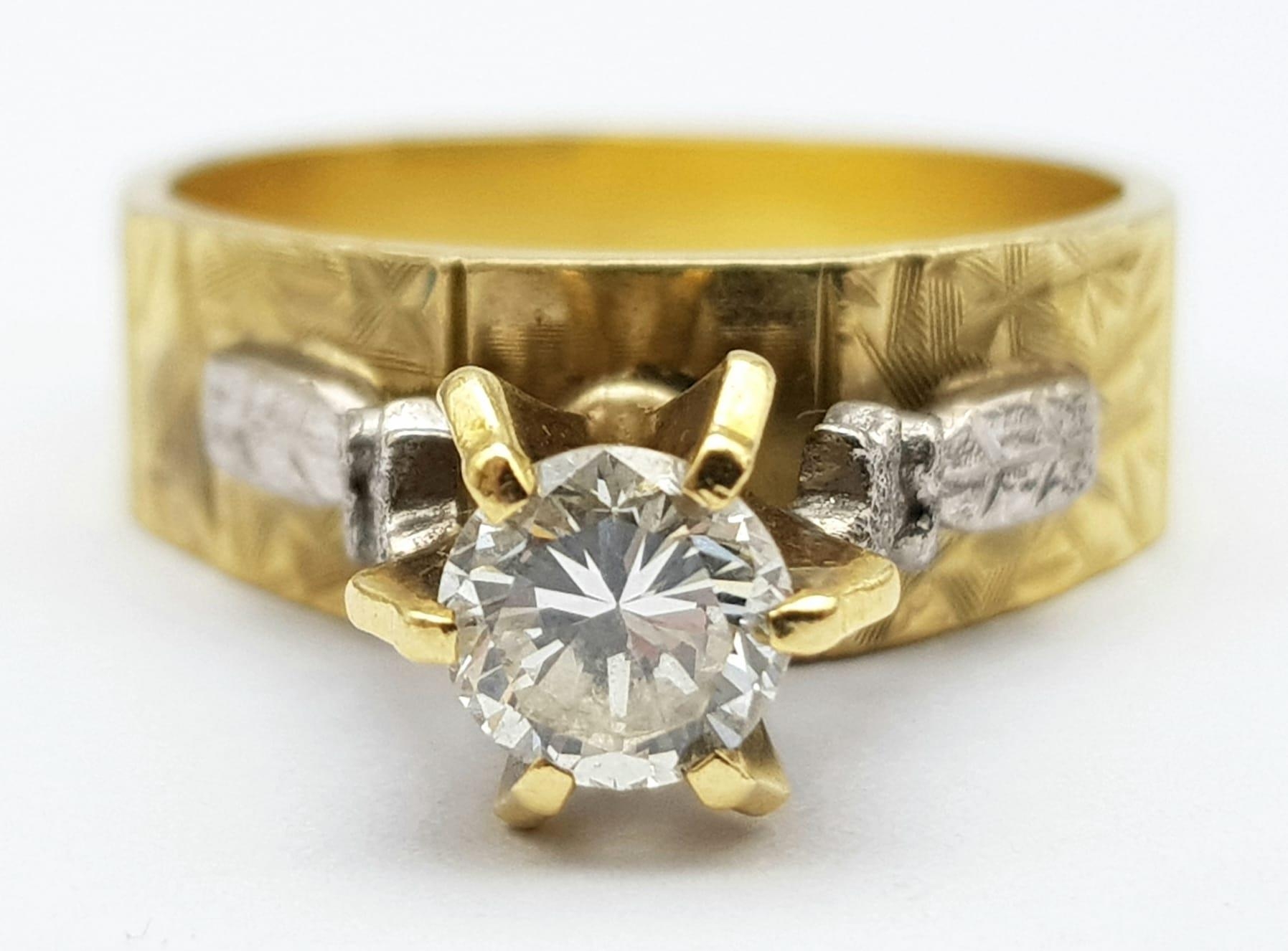 Two Different Style 18K Yellow Gold and Diamond Rings. An elevated 0.50ct brilliant round cut - Image 2 of 7