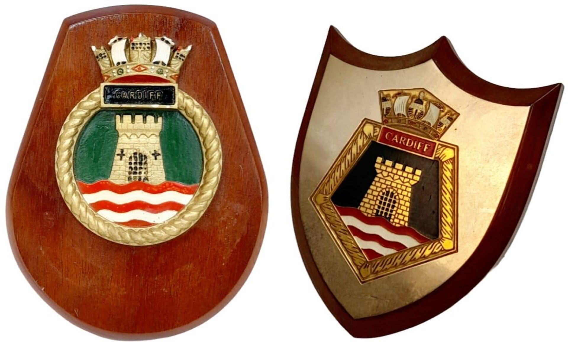 Two Ships Crests for HMS Cardiff. 20cm & 12cm Lengths. HMS Cardiff was A Type 42 Destroyer that