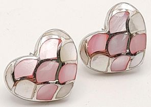 A fancy pair of 925 silver Mother of Pearl inlay heart earrings. Total weight 7.8G.
