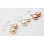 Three Pairs of Teardrop Shaped Pastel Coloured Freshwater Pearl Earrings. Set in 925 silver.