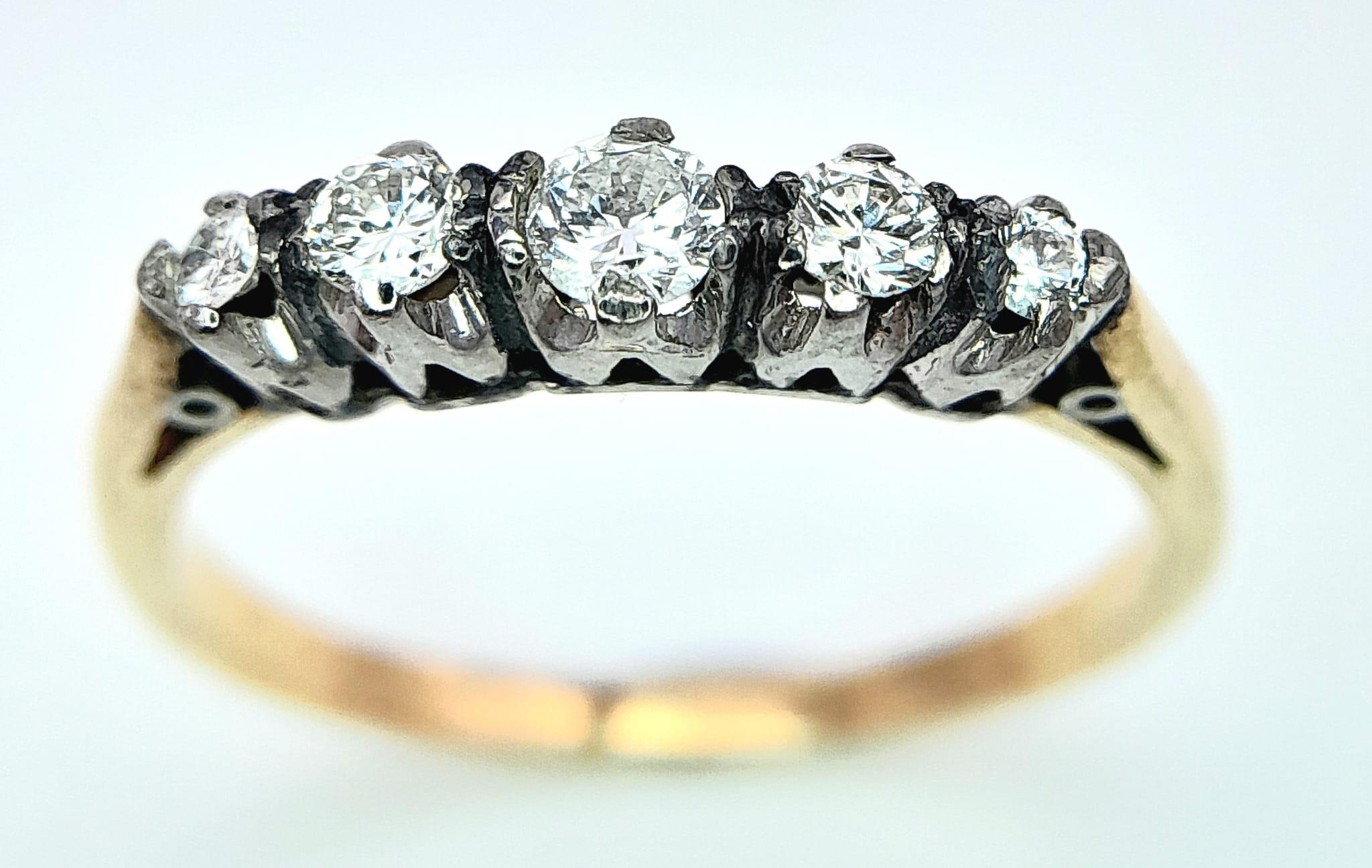 AN 18K YELLOW GOLD & PLATINUM VINTAGE OLD CUT DIAMOND 5 STONE RING. 0.20CTW. 1.5G. SIZE J - Image 2 of 4
