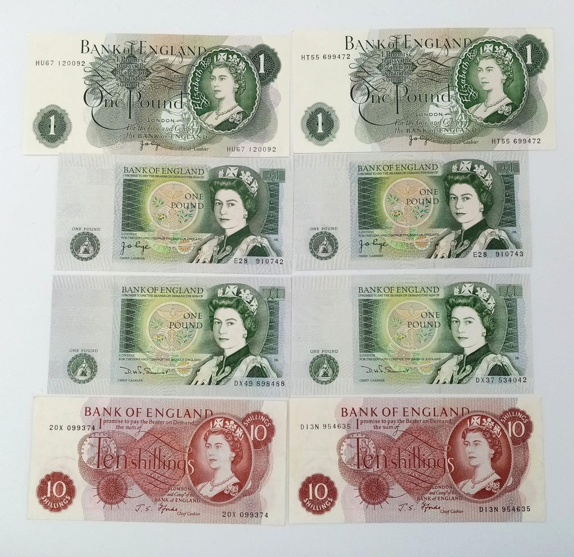 Eight Vintage EF/UNC grade British Currency Notes. 6 x £1 and 2 x Ten Shilling notes. Please see