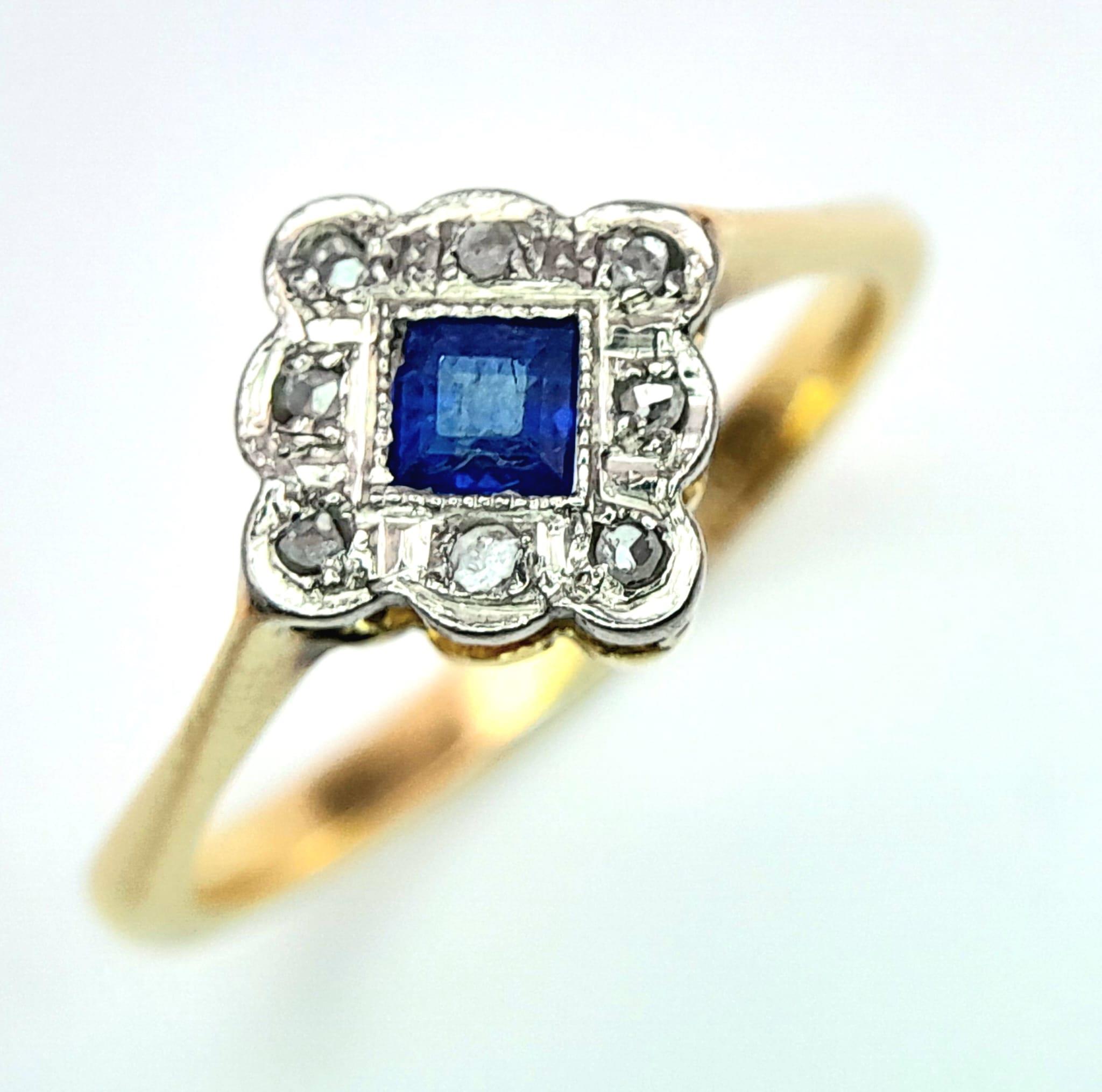 A VINTAGE 18K YELLOW GOLD, PLATINUM DIAMOND & SAPPHIRE RING. 3G. SIZE O. - Image 7 of 11