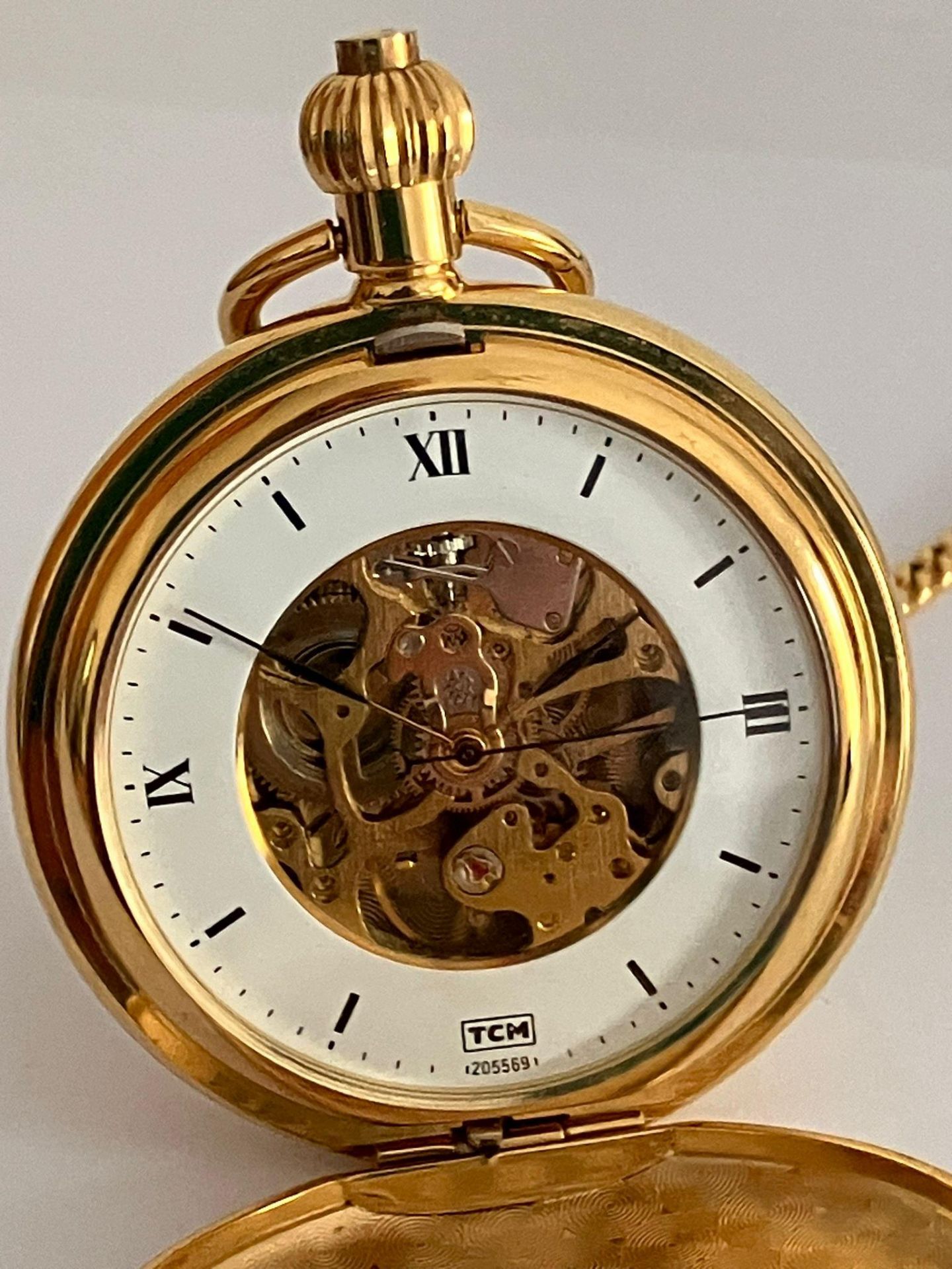 TCM SKELETON POCKET WATCH and CHAIN. Gold Plated. Manual winding/automatic movement. Skeleton - Bild 3 aus 11