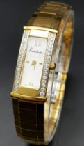 AN ORIGINAL KUTCHINSKY GOLD TONE BRACELET LADIES WATCH - WITH DIAMONDS SET EITHER SIDE OF THE