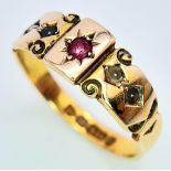 AN ANTIQUE 15K YELLOW GOLD RUBY AND PEARL RING. 2.9G. SIZE O. HALLMARKED CHESTER EITHER 1851 0R 1896