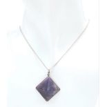 A Sterling Silver Pyramid Cut Amethyst Pendant Necklace. 37cm Length. Amethyst Measures 2cm Width.