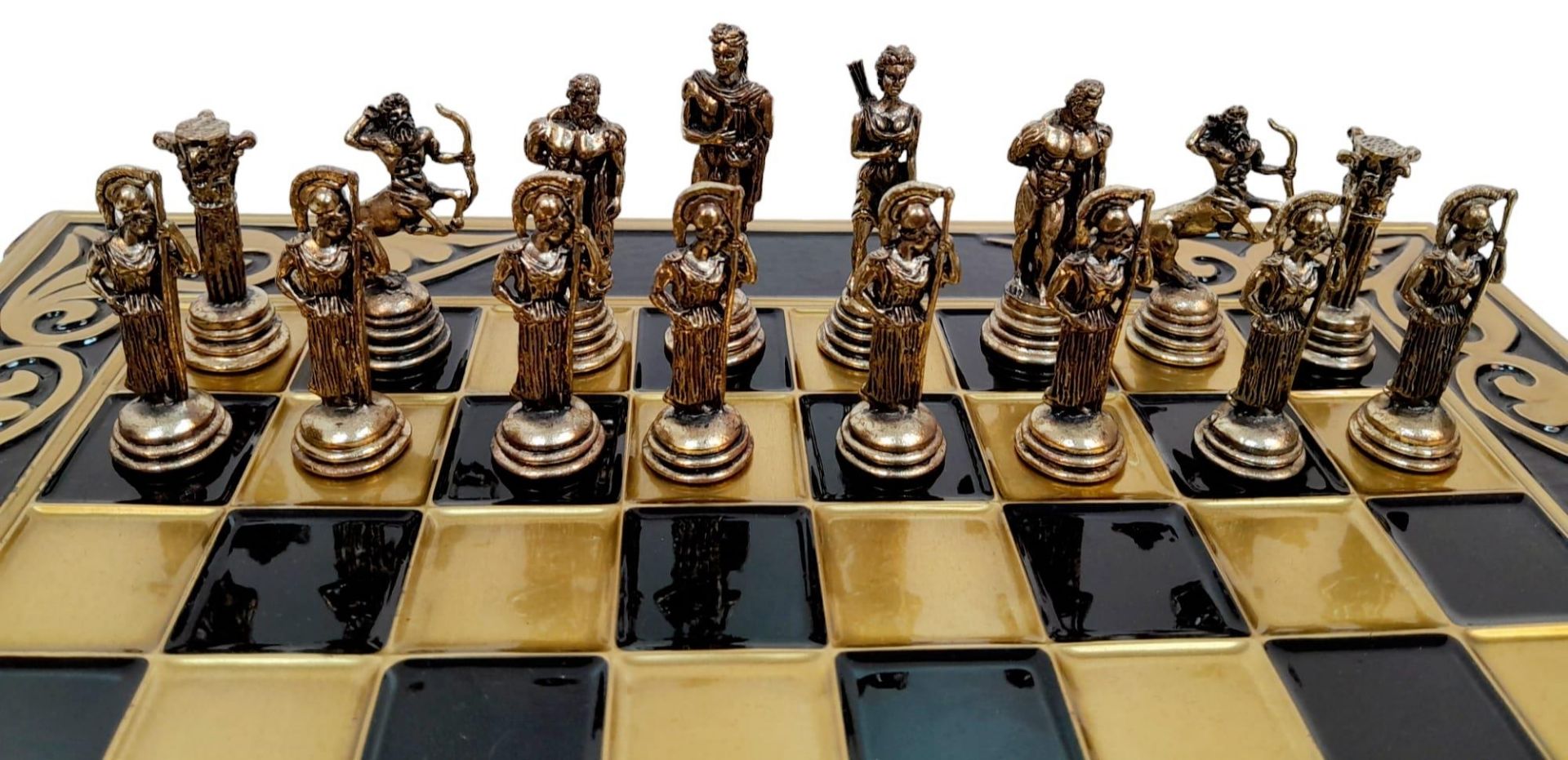 A Greek Made Bronze and Enamel Chess Set and Board. As new, in original packaging. - Image 2 of 6