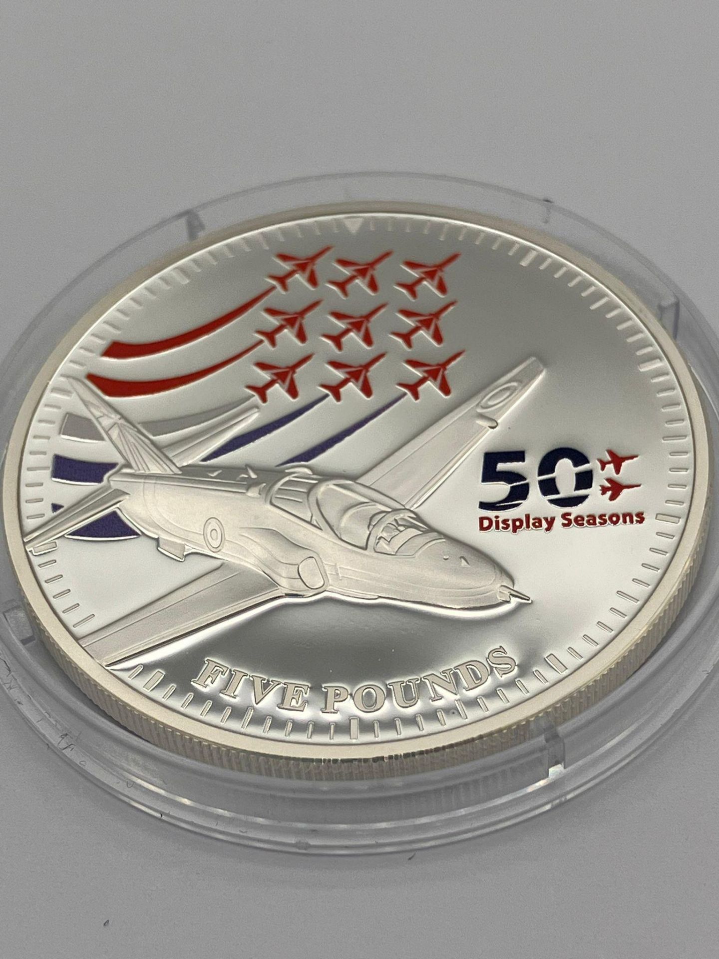 SILVER PROOF FIVE POUND COIN Minted in 2014 to celebrate 50 years of the RAF RED ARROWS TEAM.