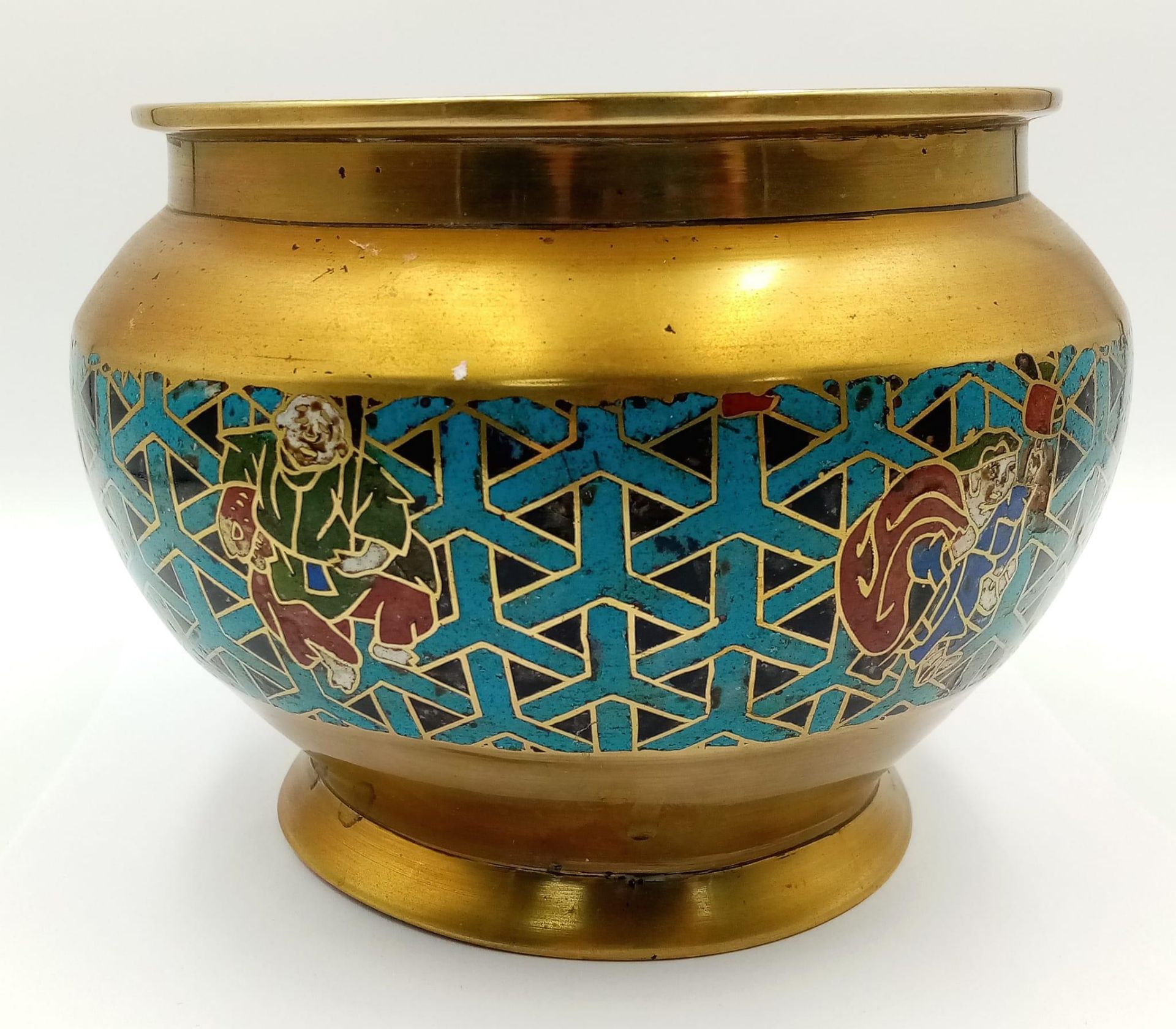 A Wonderful, Very Attractive Antique Japanese Champleve Enamelled Brass Pot - It depicts the seven - Image 3 of 6