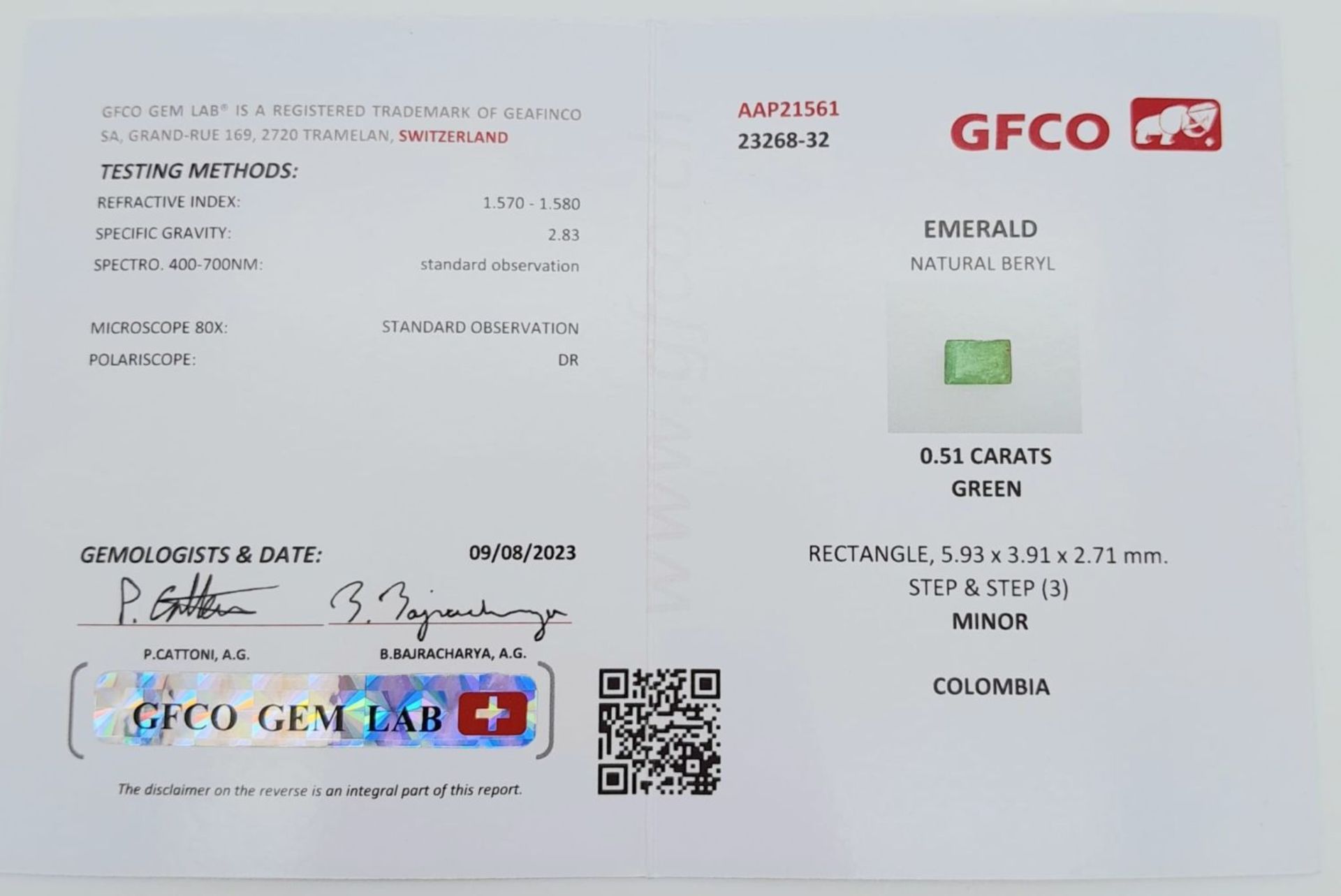 A 0.51ct Zambian Emerald Gemstone, Rectangle shape. Comes with the GFCO Swiss certificate. ref: ZK - Image 4 of 4