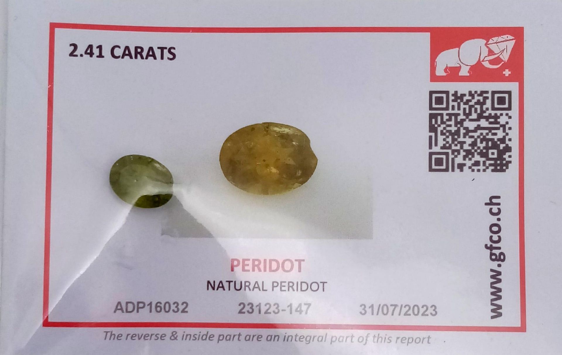 A 2.41ct Pakistan Peridot Gemstone - With a GFCO certificate. Comes in a sealed package.