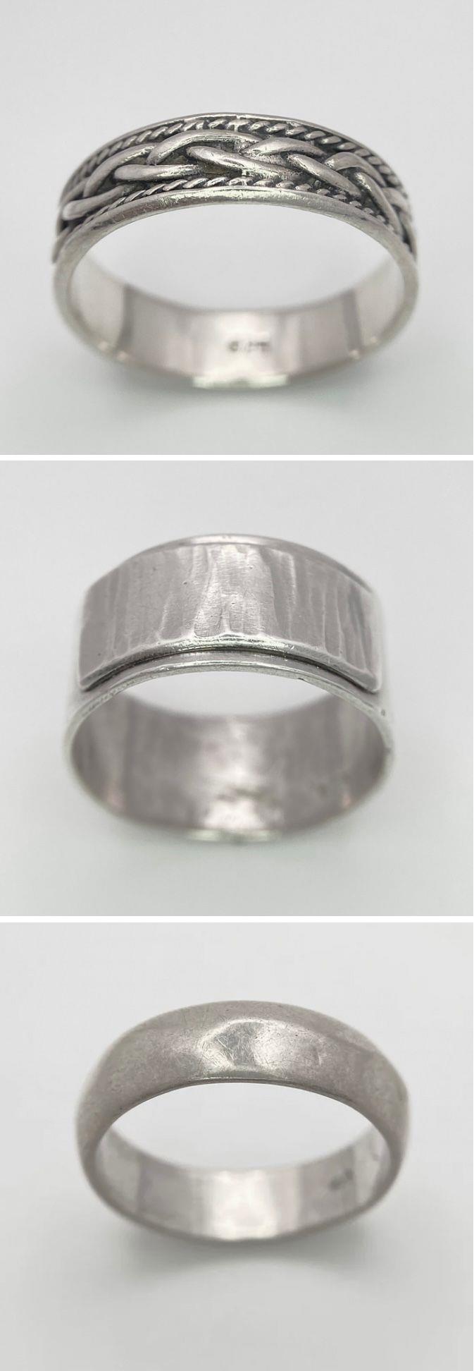 3X 925 silver band rings with different designs. Total weight 13.4G. Size U, V, R/S.