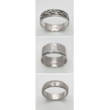 3X 925 silver band rings with different designs. Total weight 13.4G. Size U, V, R/S.