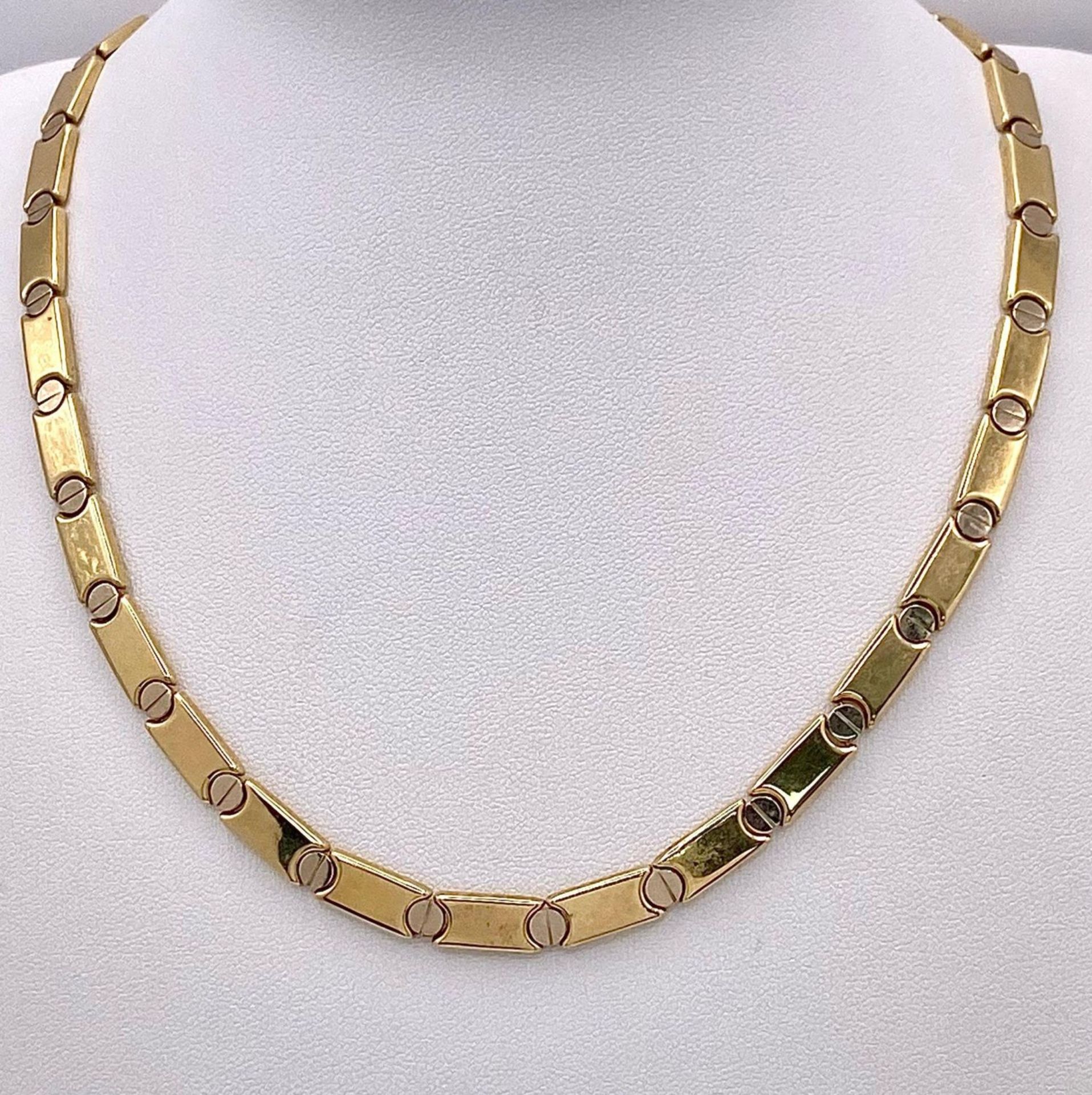 A 14k Yellow Gold Articulated Bar-Link Necklace. Stylish links with screw-esque spacers. 42cm - Image 3 of 12