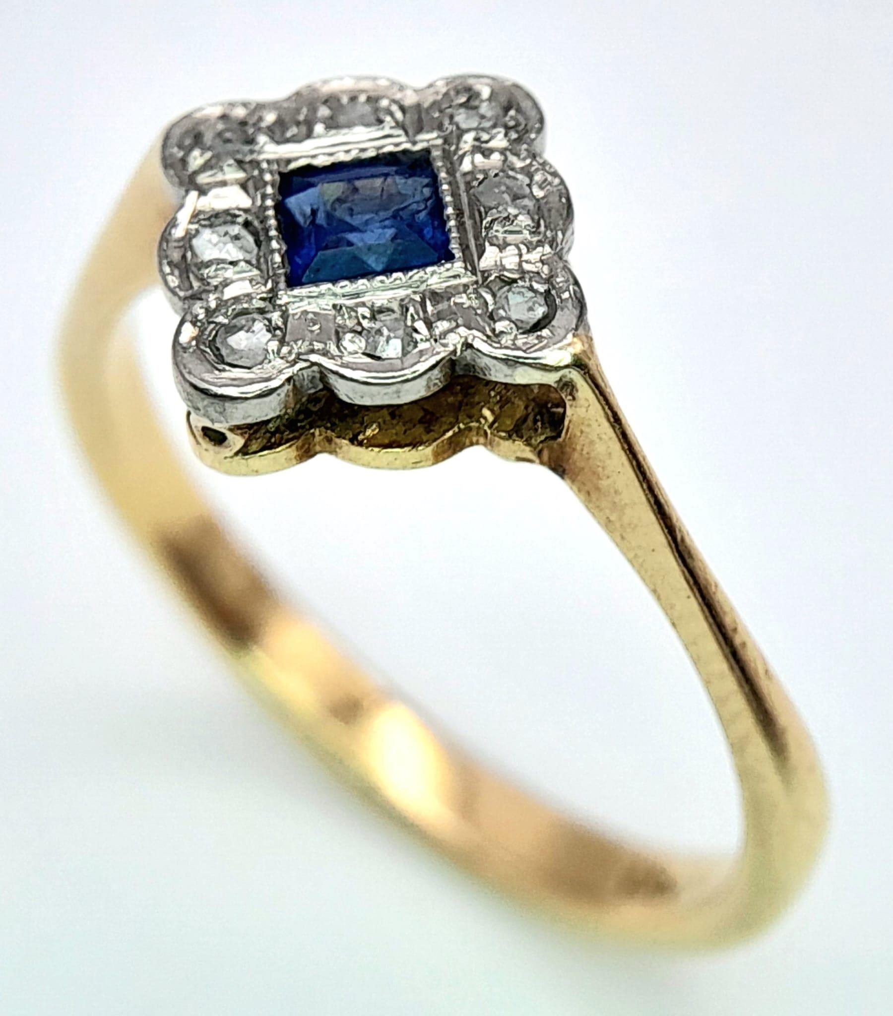 A VINTAGE 18K YELLOW GOLD, PLATINUM DIAMOND & SAPPHIRE RING. 3G. SIZE O. - Image 4 of 11