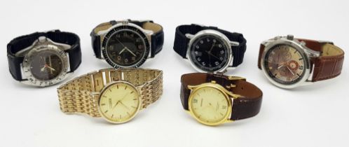 A Black Leatherette 20 Watch Display Box with Six Men’s Used Quartz Watches Comprising; 1) Italian