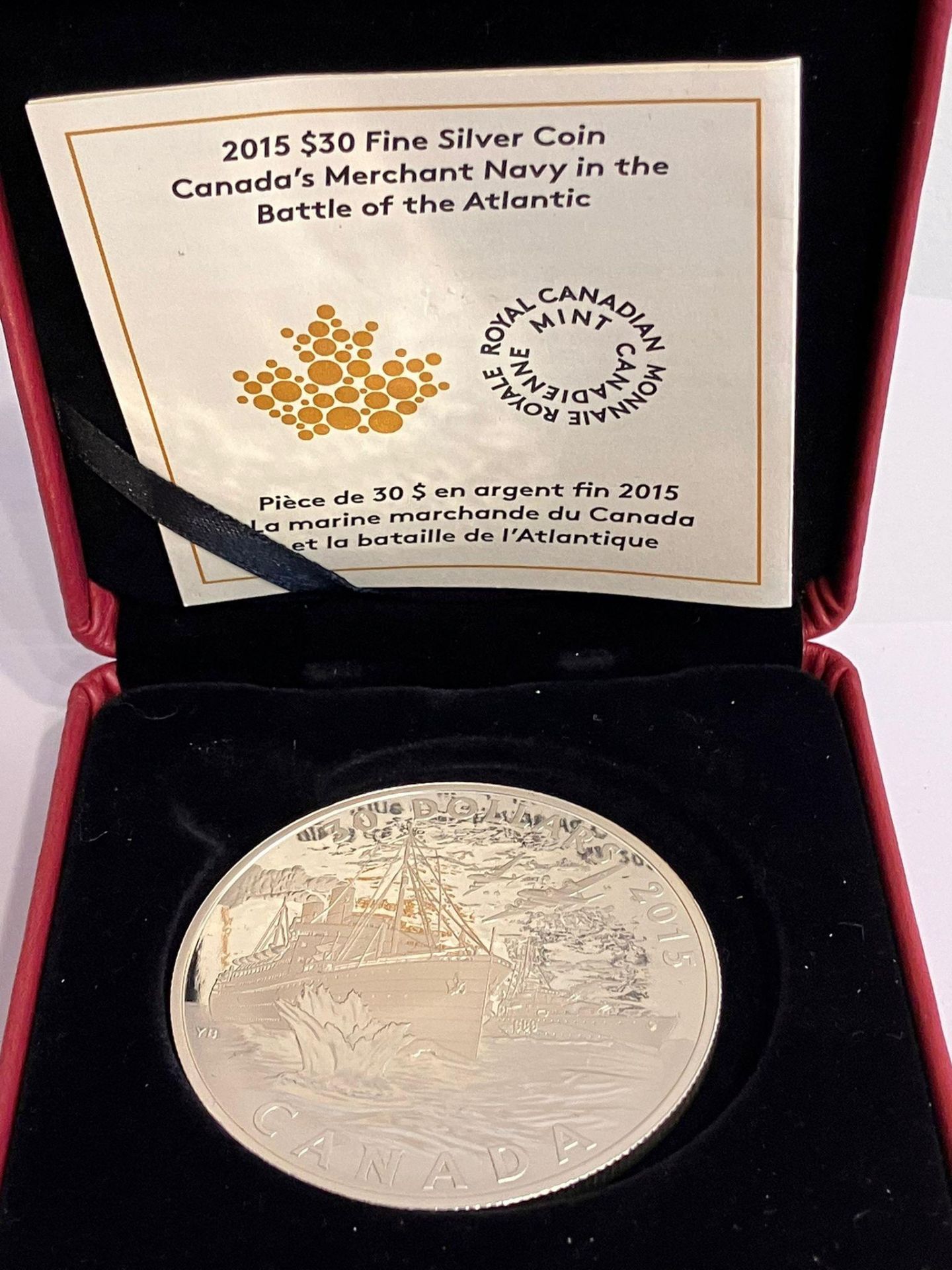 2015 CANADA 30 DOLLAR SILVER COIN. Commemorating the Battle of the Atlantic. Issued by the - Image 2 of 5