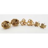 Three Pairs of 9K Yellow Gold Different Style Earrings - Knot, leaf and entwined. No backs. 1.9g
