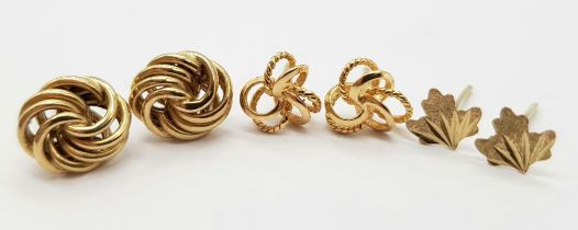 Three Pairs of 9K Yellow Gold Different Style Earrings - Knot, leaf and entwined. No backs. 1.9g
