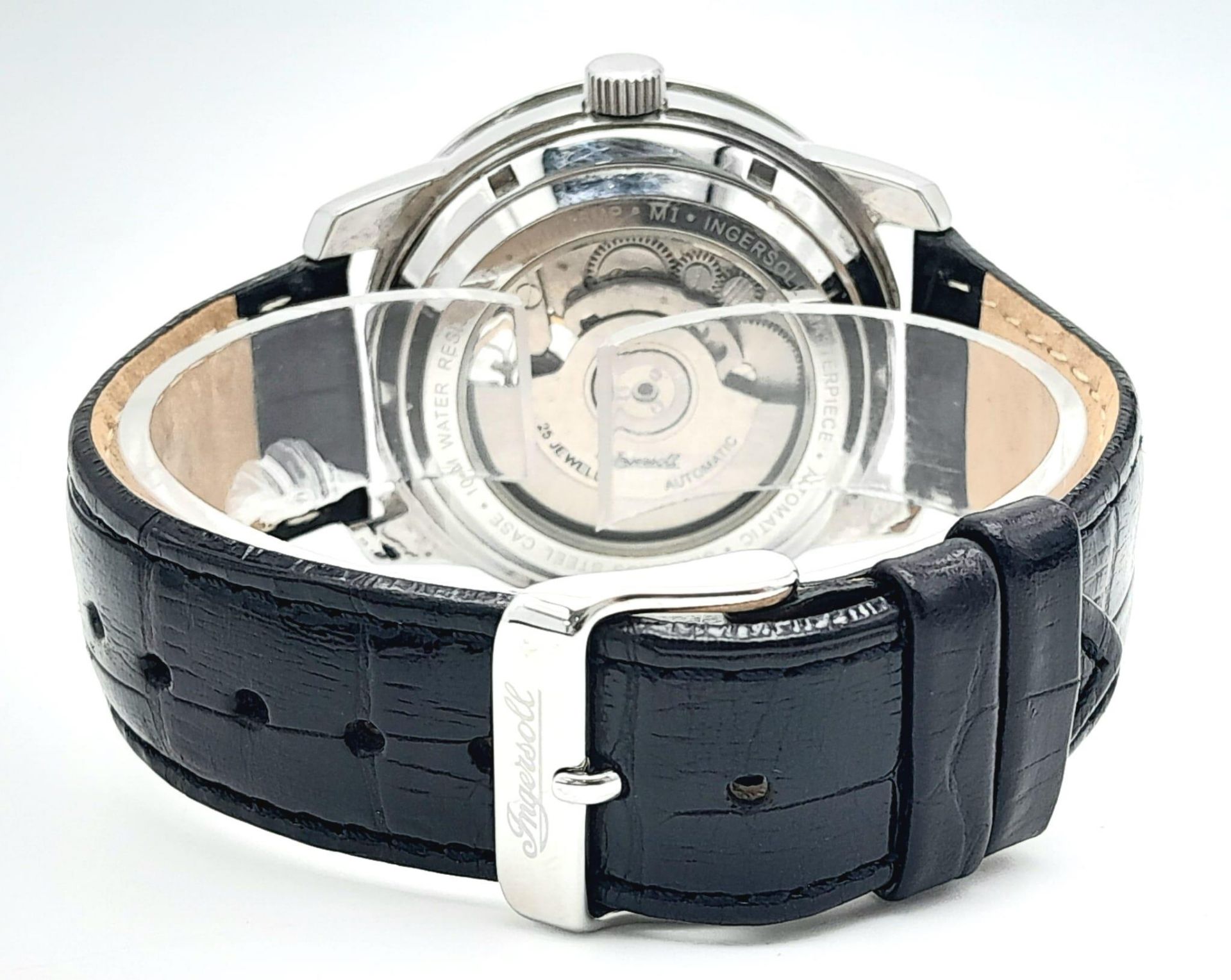 An Ingersoll Automatic Skeleton Gents Watch. Black leather strap. Stainless steel case - 43mm. Black - Image 4 of 6