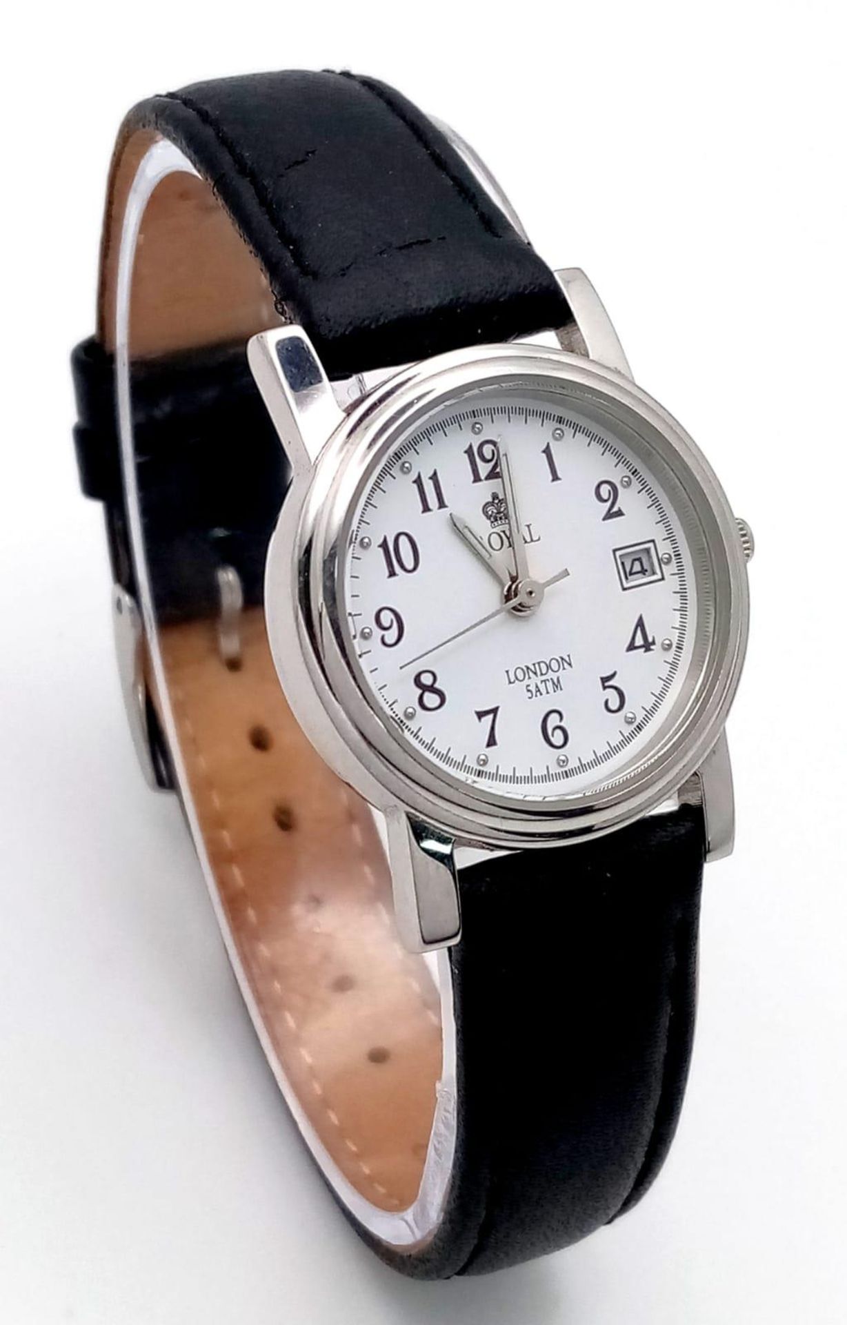 A Ladies Royal London Quartz Watch. Black leather strap. Stainless steel case - 25mm. White dial - Image 3 of 7