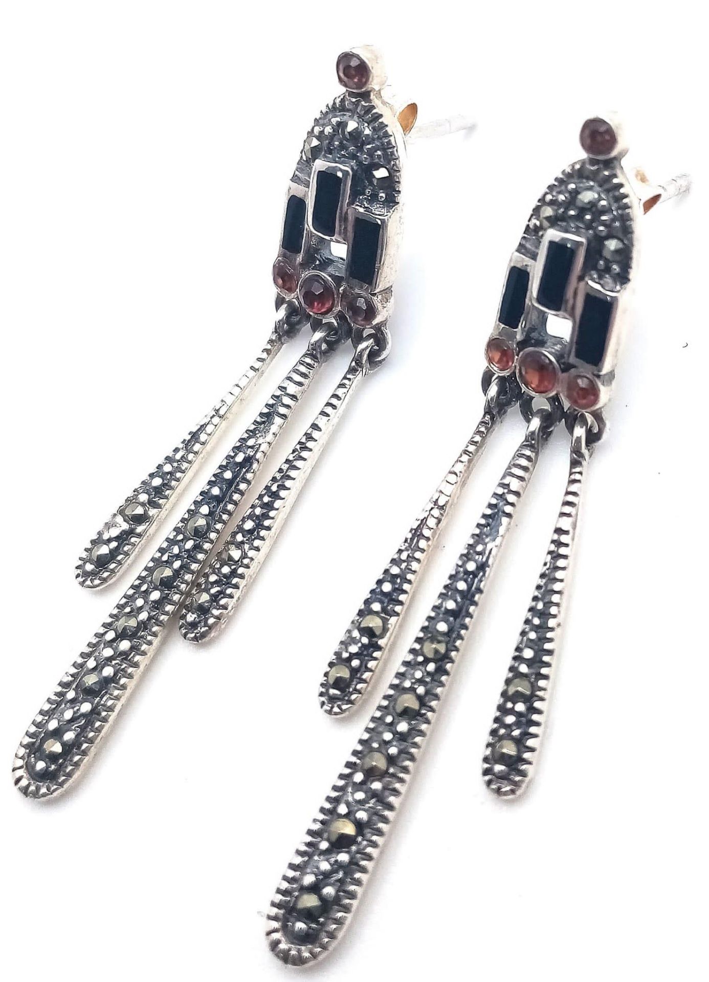 A fancy pair of 925 silver tribal style Garnet stone set earrings. Total weight 4.6G. - Image 3 of 9