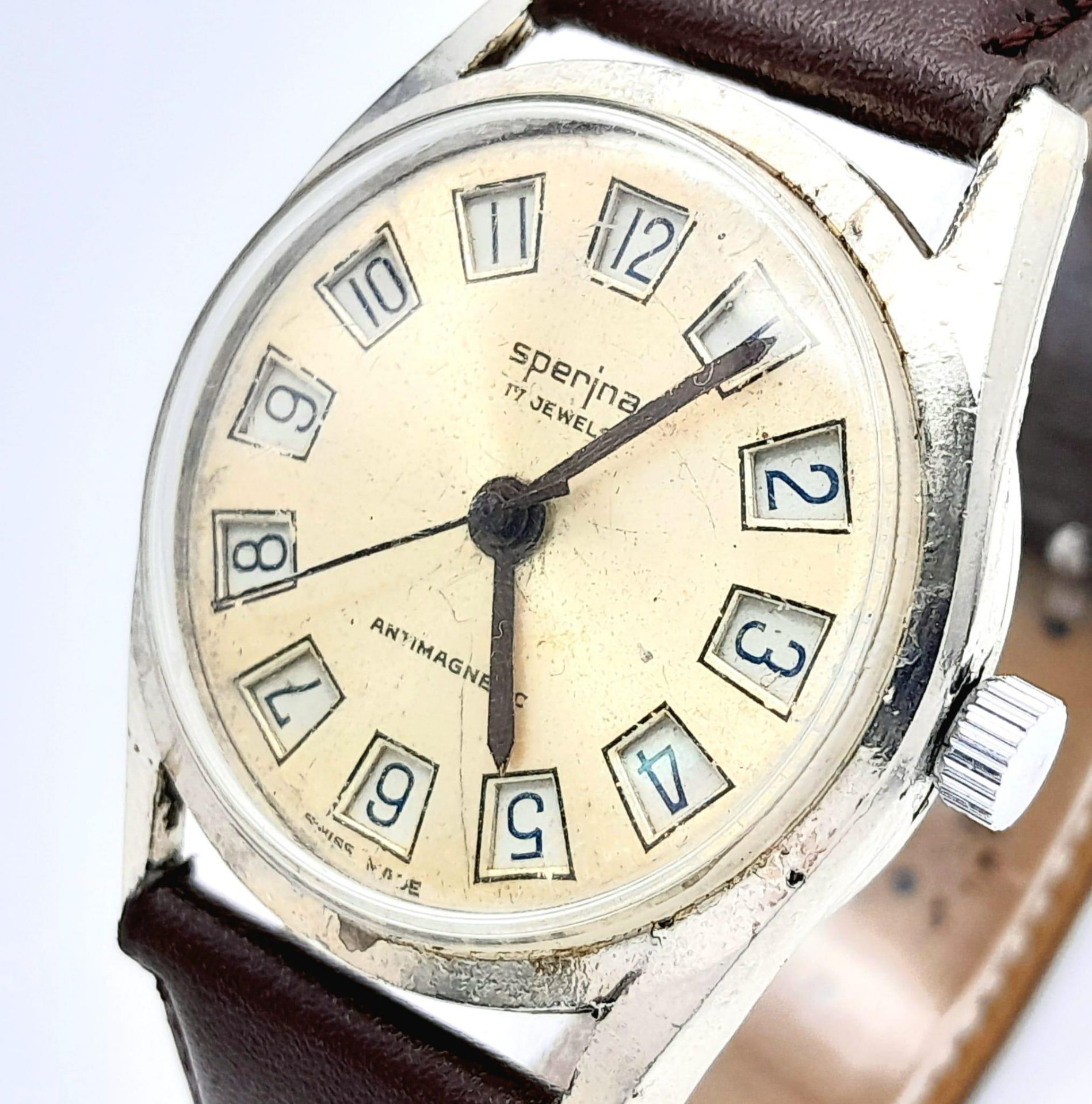 A Rare Vintage Sperina 'Jump hours' Watch. Watch switches to 24hr clock! Brown leather strap. - Image 3 of 7