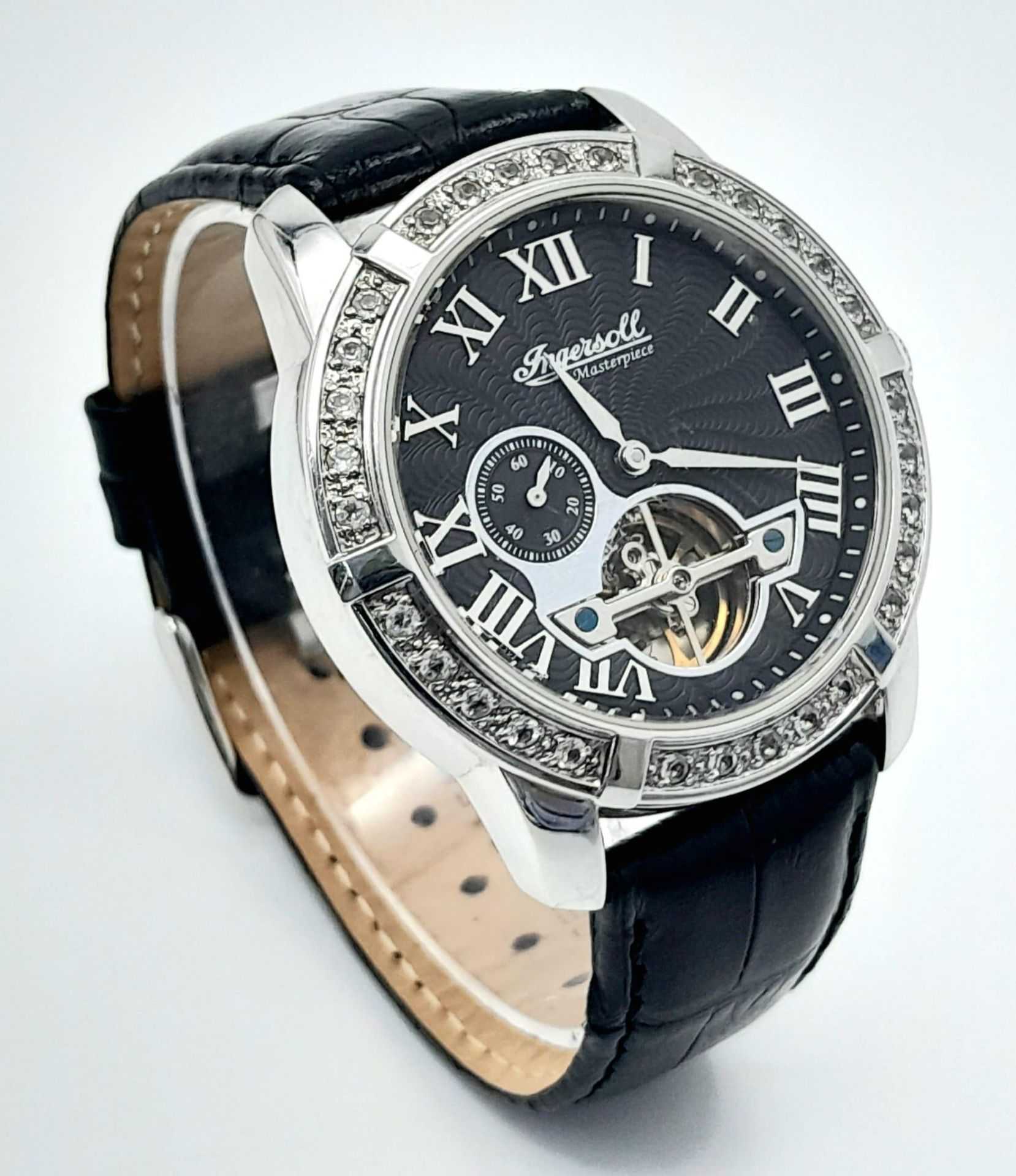 An Ingersoll Automatic Skeleton Gents Watch. Black leather strap. Stainless steel case - 43mm. Black - Bild 3 aus 6