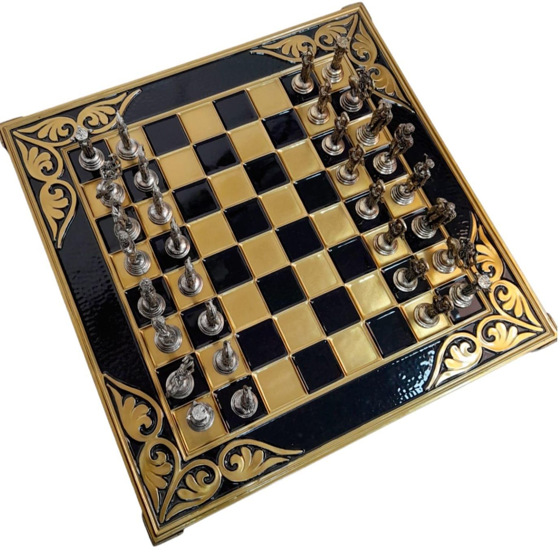 A Greek Made Bronze and Enamel Chess Set and Board. As new, in original packaging. - Image 3 of 6