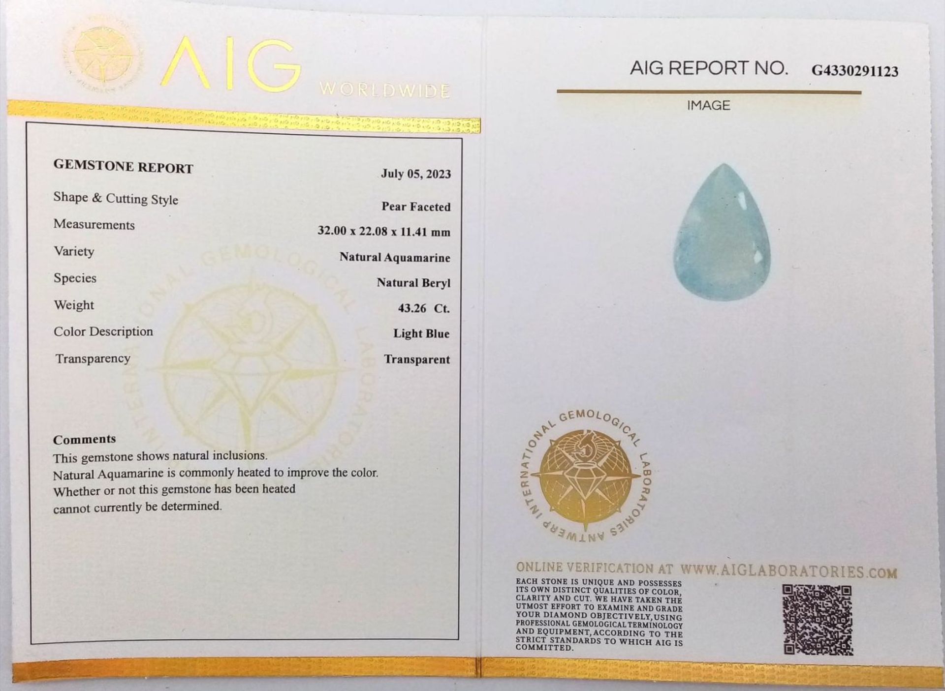 A 43.26ct Large Impressive Size Brazilian Natural Aquamarine, Pear Faceted. Comes with the AIG Milan - Image 4 of 4