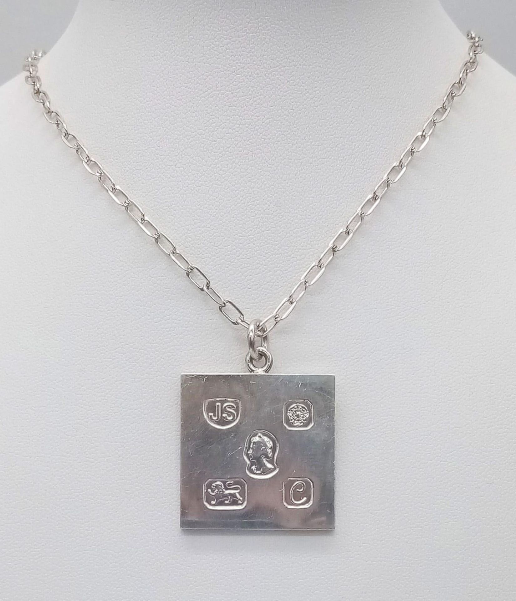 A 1977 (Jubilee Year) Hallmarked Unique Square Silver Ingot Pendant Necklace. Pendant Measures 2.9cm