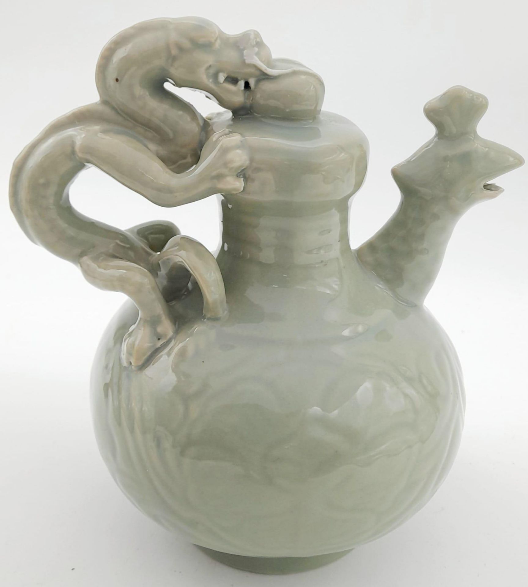 An Antique (Early 20th Century) Chinese Celadon Porcelain Dragon Pot. Beautifully modelled with a - Image 3 of 5