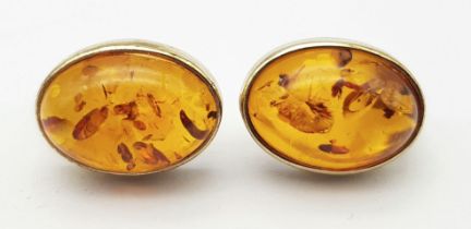 A Pair of 9K Yellow Gold Amber Cabochon Earrings. 2.75g total weight. Ref: 016675