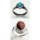 2X 925 silver Turquoise solitaire rings (red one is A/F). Total weight 5.4G. Size I, J.