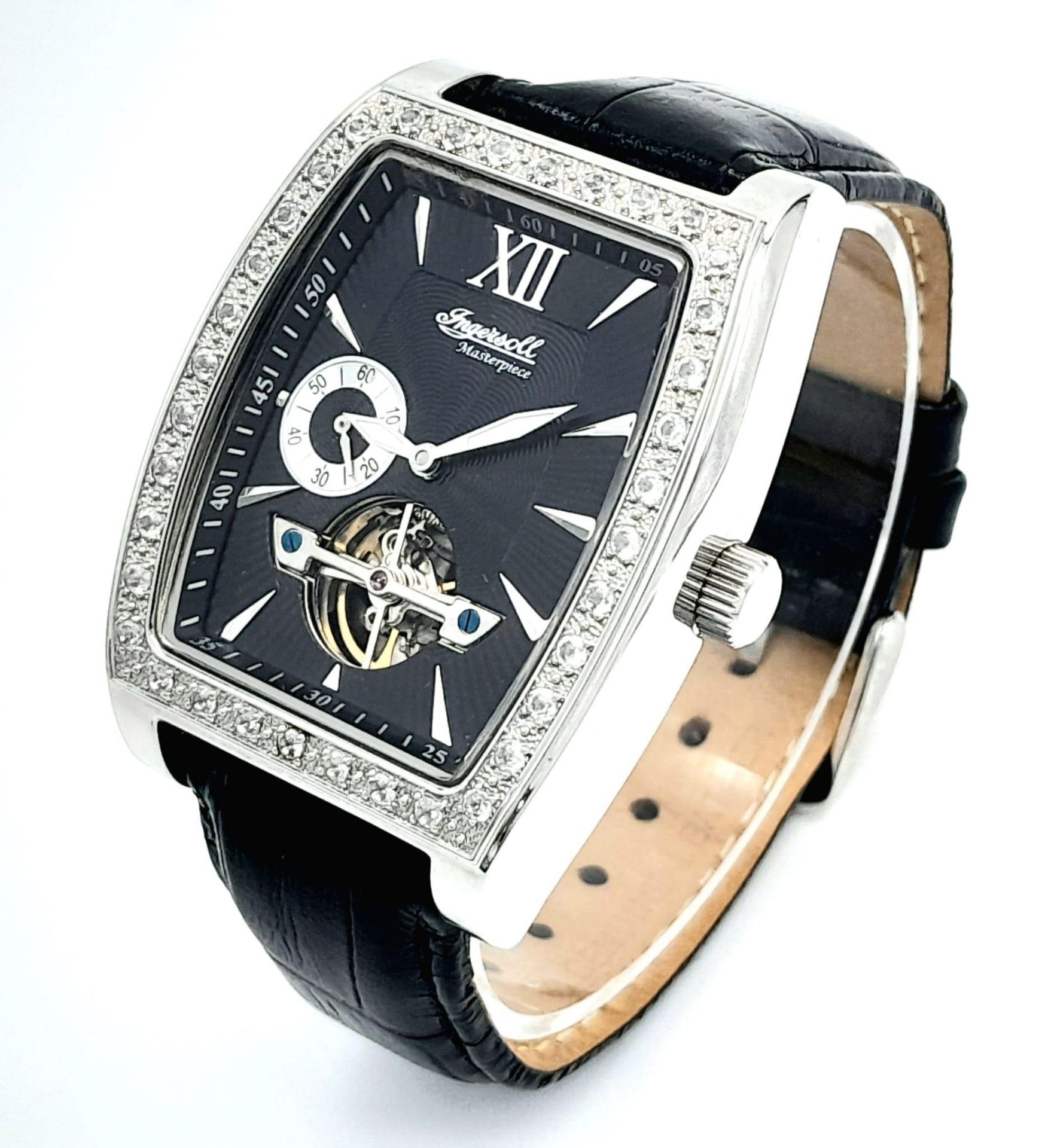 An Ingersoll Masterpiece Automatic Gents Watch. Black leather strap. Stainless steel skeleton