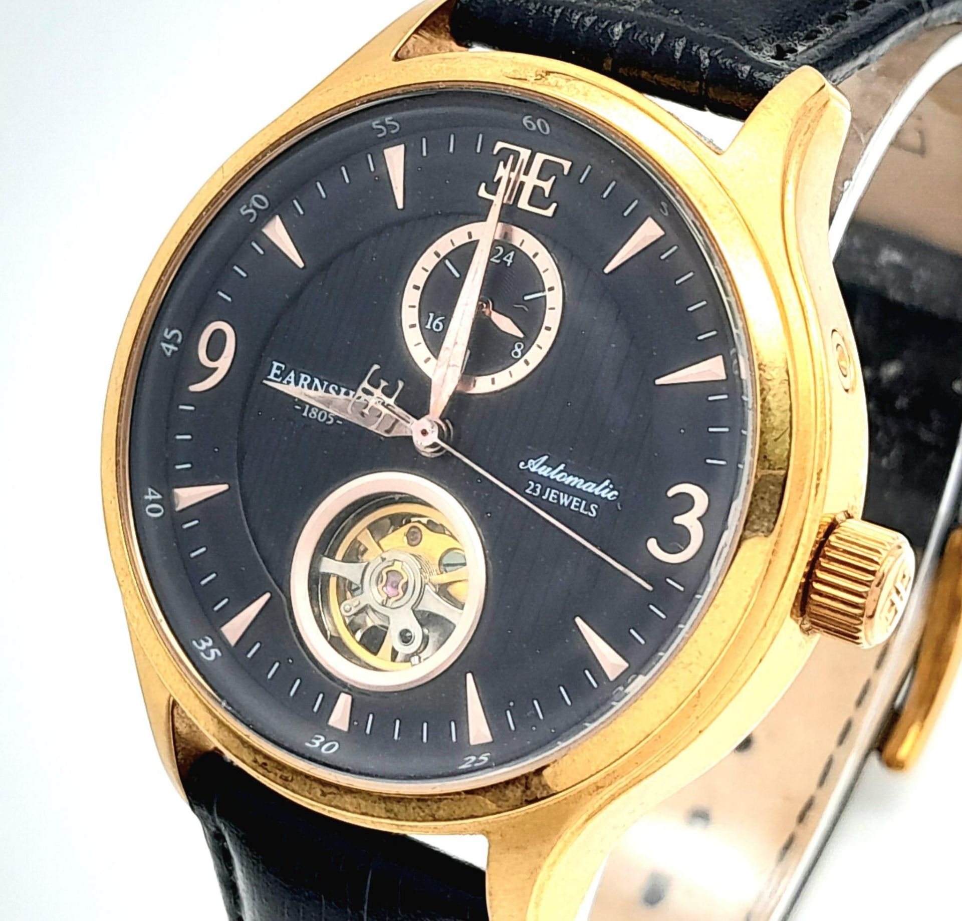 An Earnshaw 23 Jewels Automatic Watch. Black leather strap. Gilded case - 43mm. Black dial with - Bild 3 aus 9