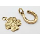 Two 9K Yellow Gold Lucky Pendants/Charms - Horseshoe and clover. 2.32g total weight.