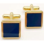 Pair of Square Yellow Gold Gilt Blue Panel Inset Cufflinks by Dunhill in their original presentation