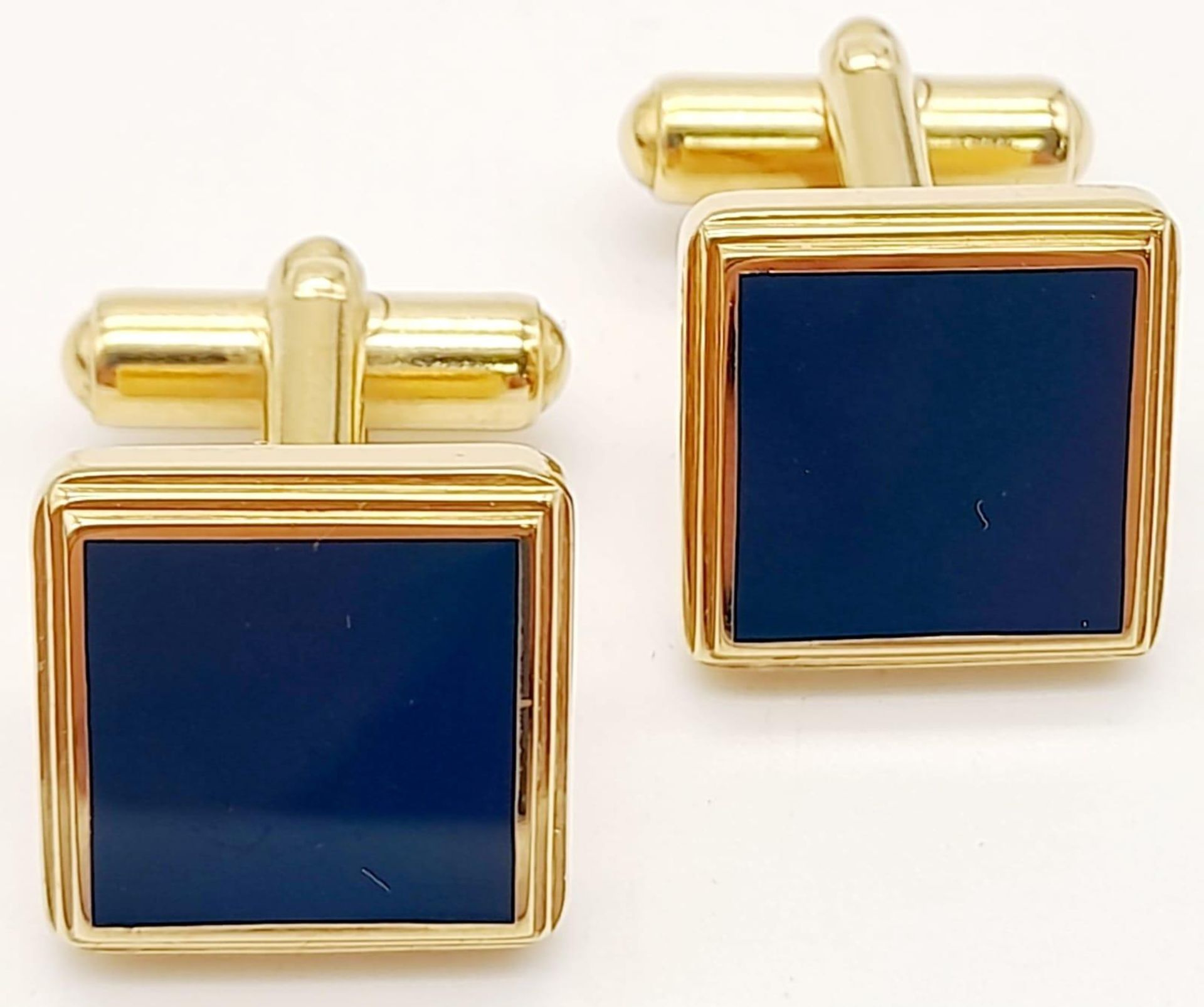 Pair of Square Yellow Gold Gilt Blue Panel Inset Cufflinks by Dunhill in their original presentation