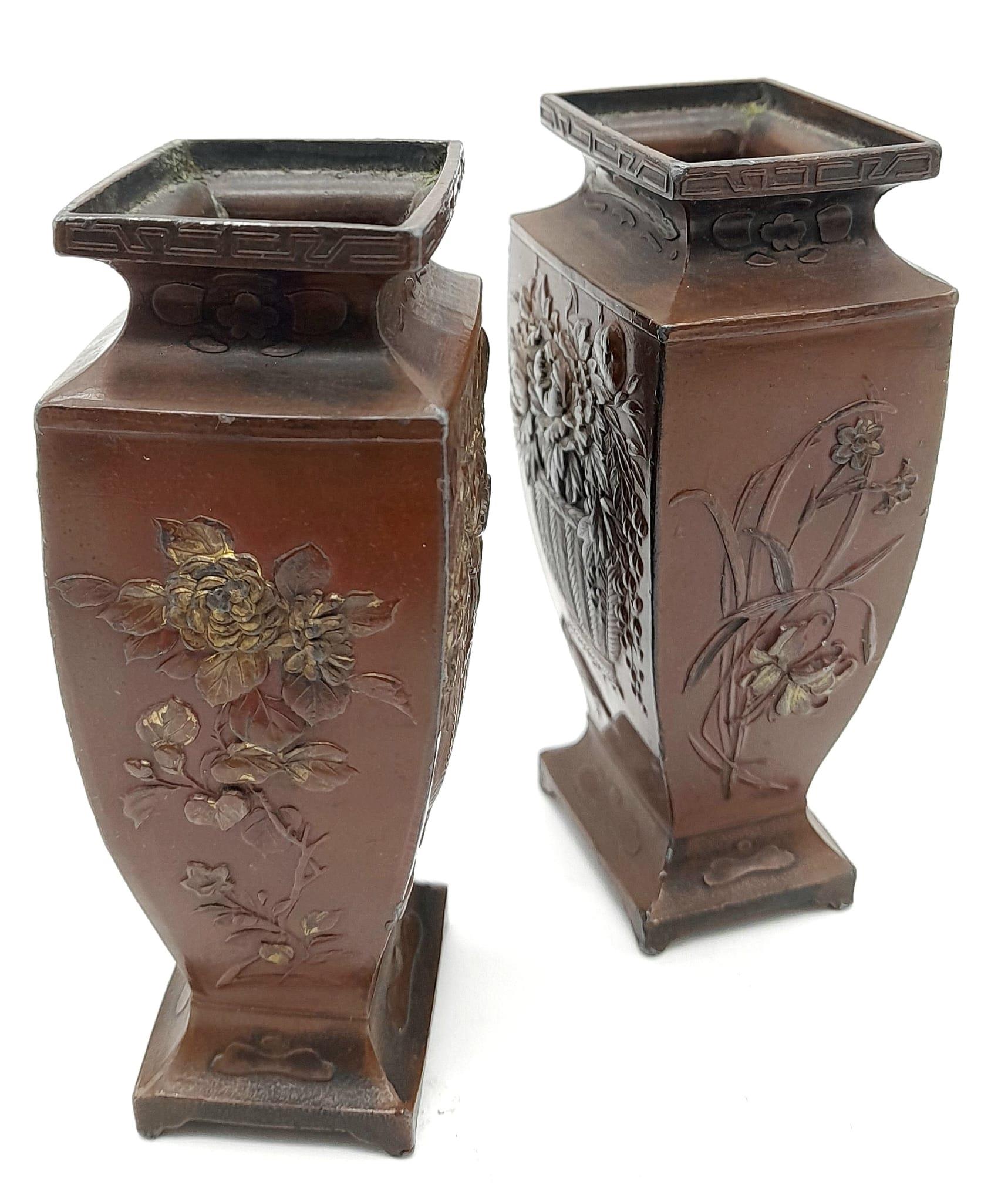 An Antique Pair of Miniature Bronze Vases. Wonderful detail climaxing in an Eagle attacking a - Image 2 of 4