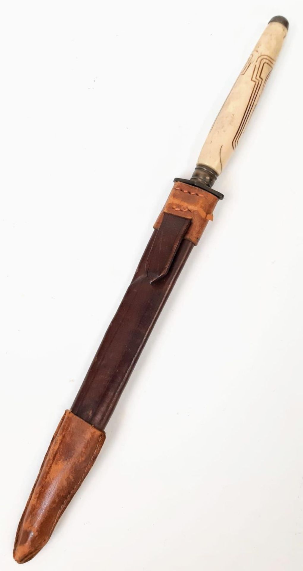An Antique Unique Art Nouveau Decorated Bone Handle Stiletto Dagger in Leather Sheath. 29cm Length. - Image 12 of 12