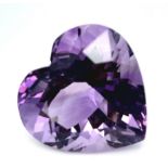 A large (30.96 carats), heart shaped mix cut, amethyst, dimensions: 20.64 x 21.31 x 14.83 mm, good