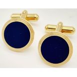 A Pair of Round Yellow Gold Gilt Blue Panel Inset Cufflinks by Dunhill in their original