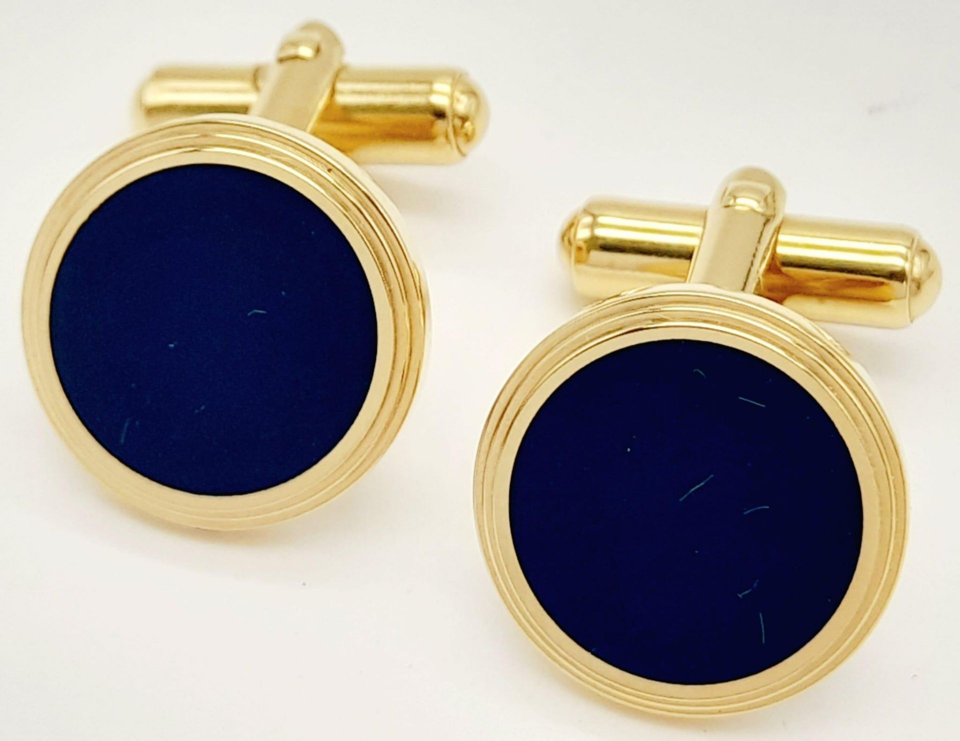 A Pair of Round Yellow Gold Gilt Blue Panel Inset Cufflinks by Dunhill in their original