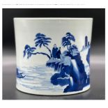 A blue and white brush pot with landscape and figures; Kangxi; Qing Dynasty. Diameter of Top 20cm,
