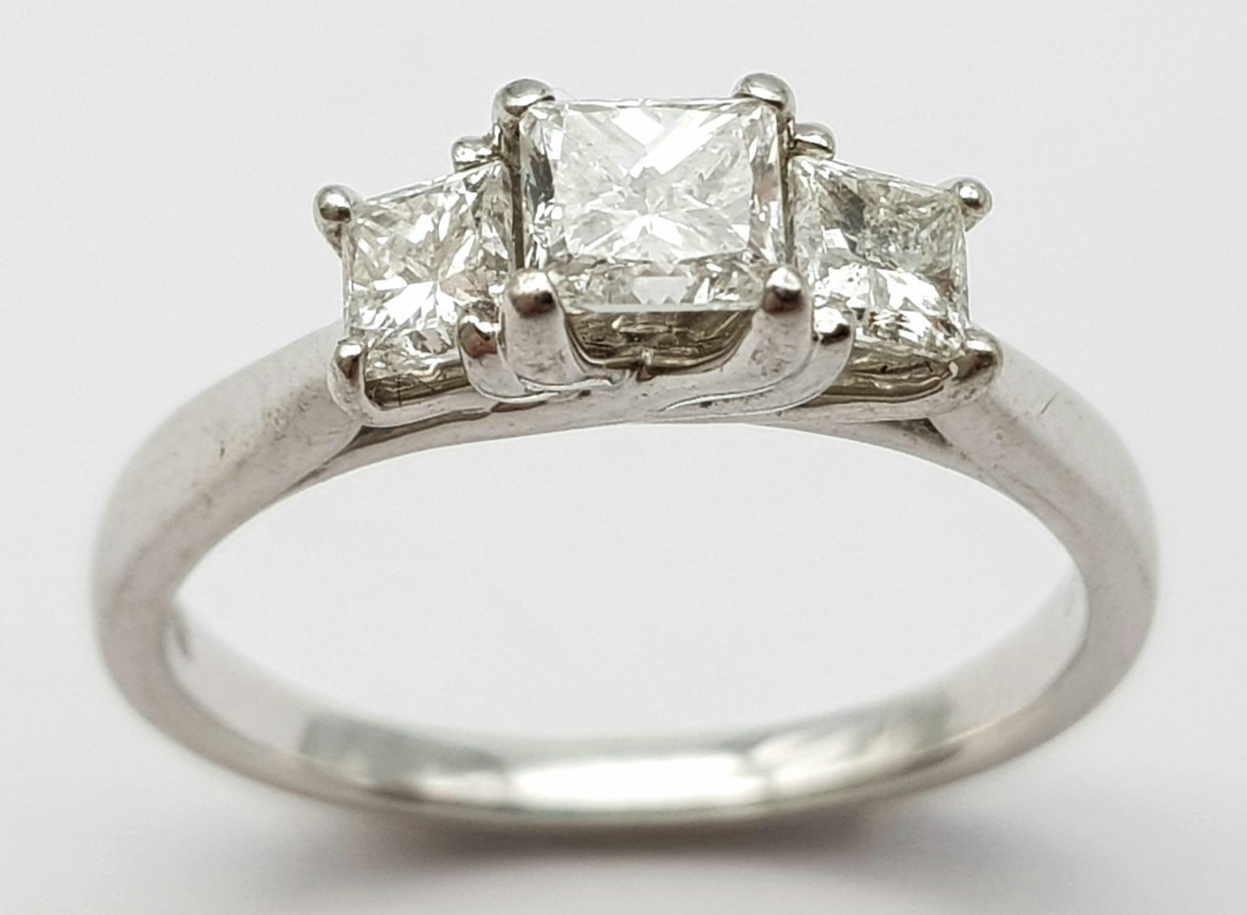 AN 18K WHITE GOLD TRILOGY PRINCESS CUT DIAMOND RING - 0.75CTW. 3.2G. SIZE K. - Image 2 of 6