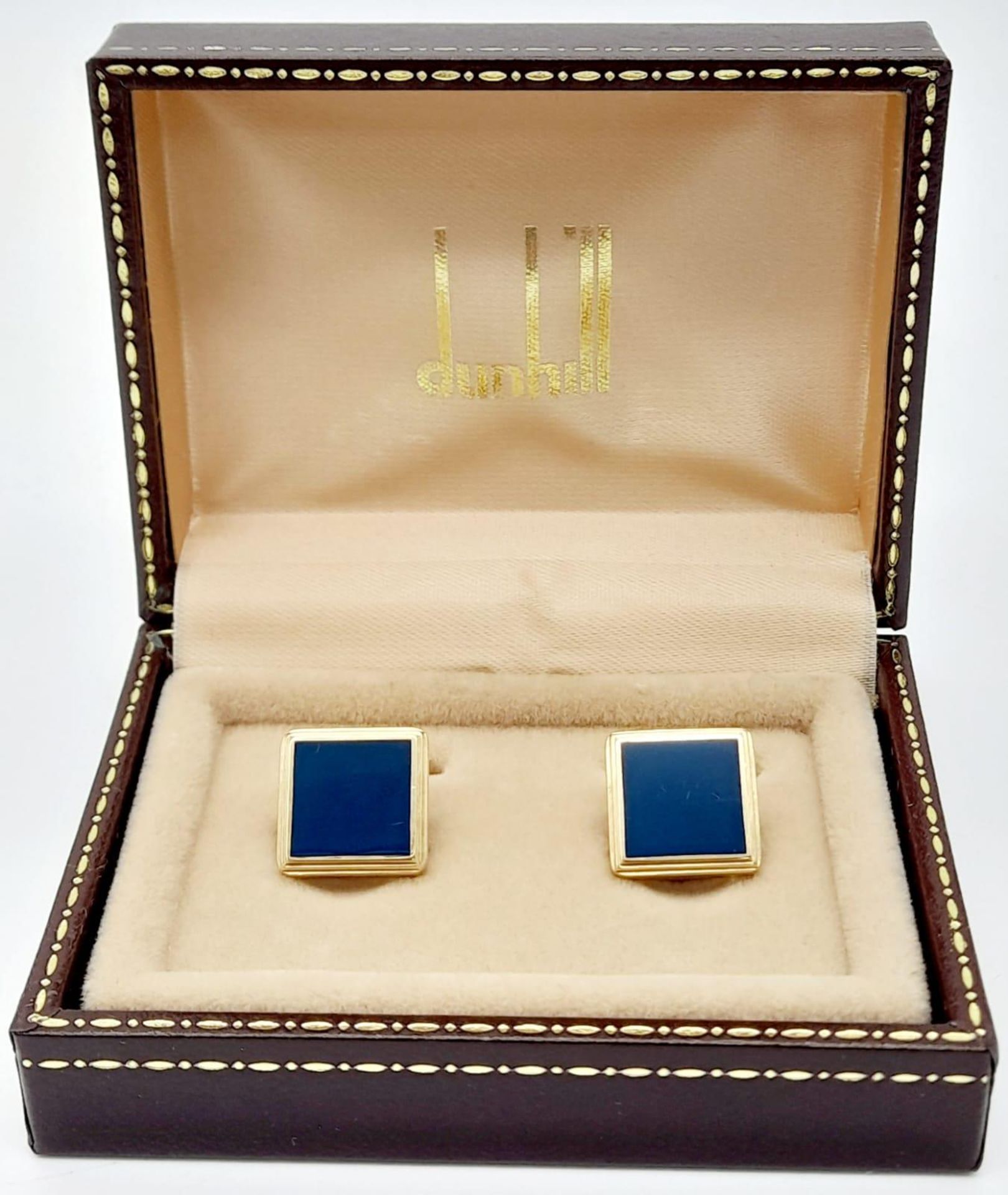 Pair of Square Yellow Gold Gilt Blue Panel Inset Cufflinks by Dunhill in their original presentation - Bild 3 aus 11