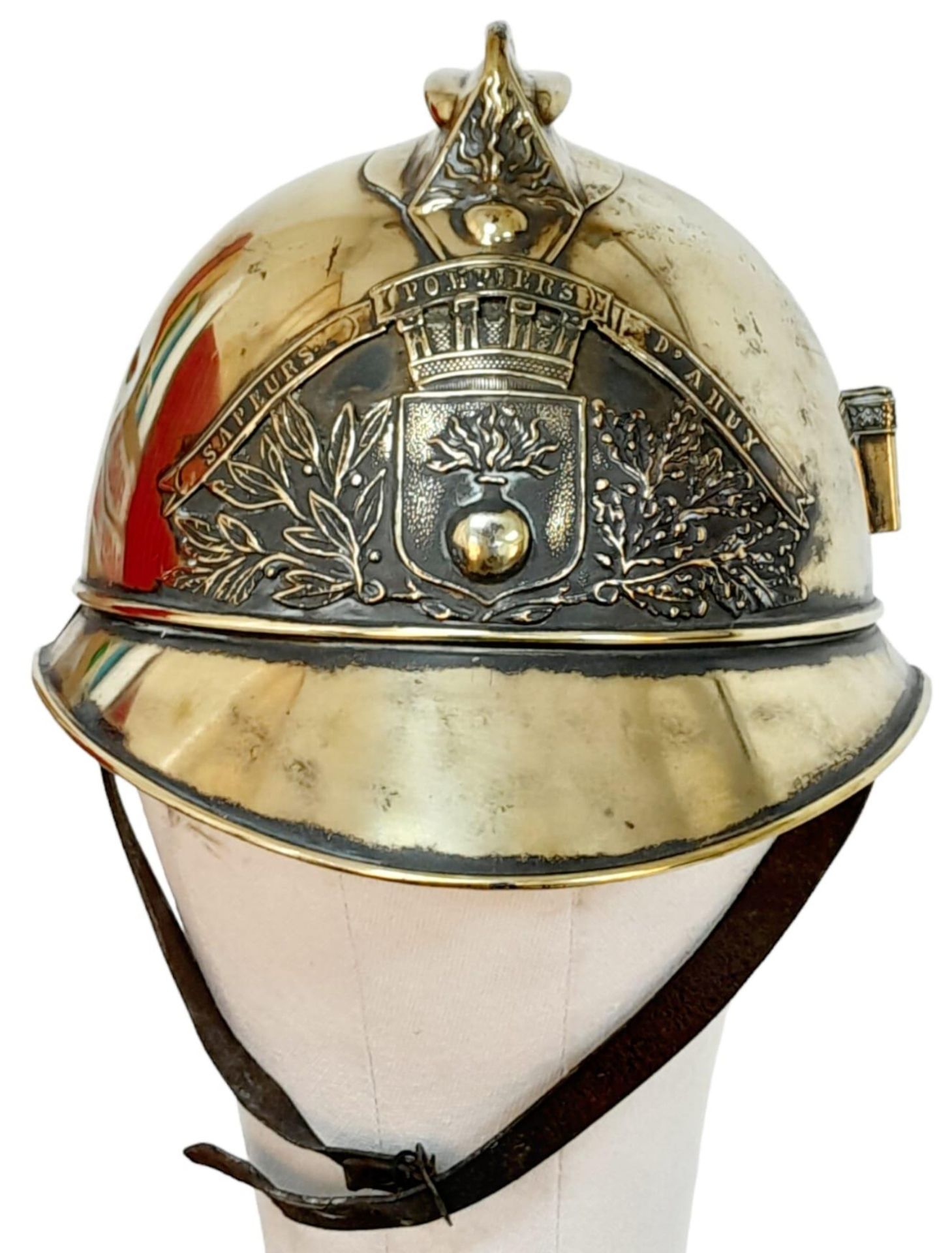 A Late 19th Century French Fireman's Brass Ornate Helmet. With original liner. - Image 2 of 4