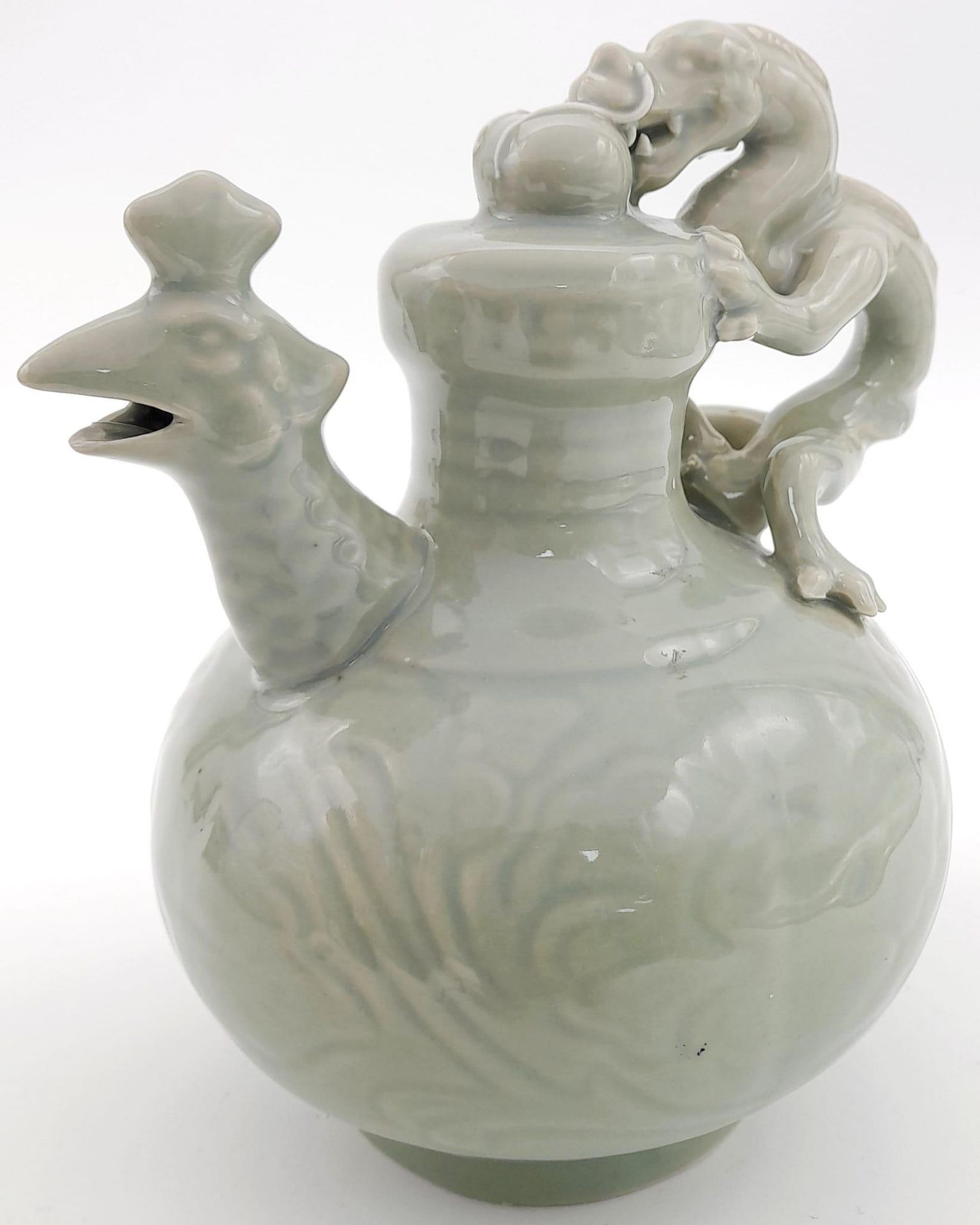 An Antique (Early 20th Century) Chinese Celadon Porcelain Dragon Pot. Beautifully modelled with a - Image 2 of 5